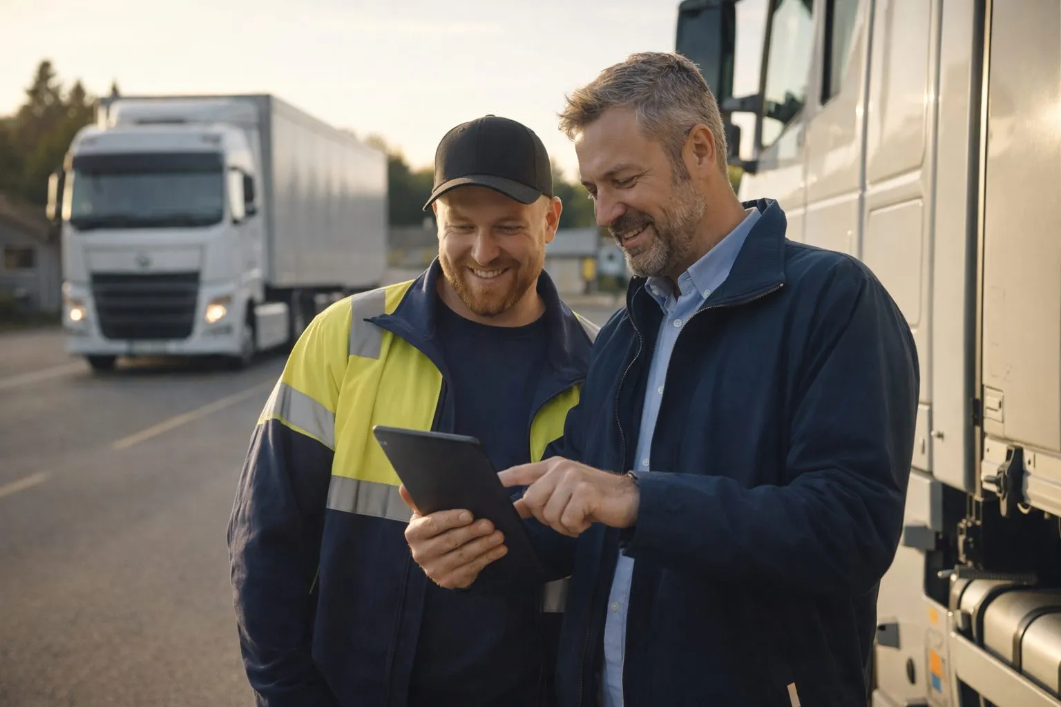 Chauffør og disponent med tablet foran lastbiler