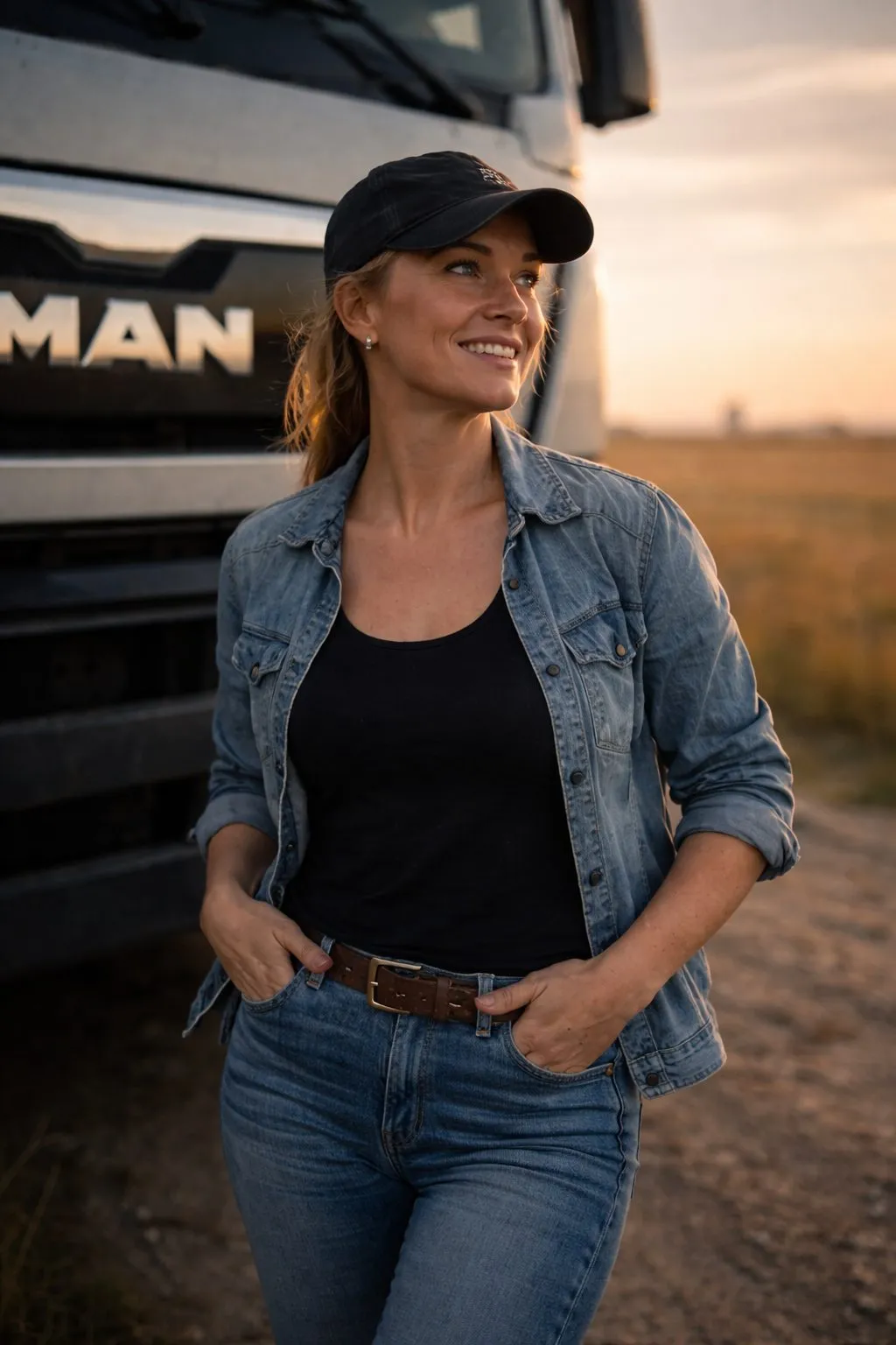 Kvindelig vognmand foran MAN lastbil