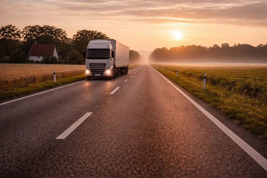 Lastbil mod solnedgang